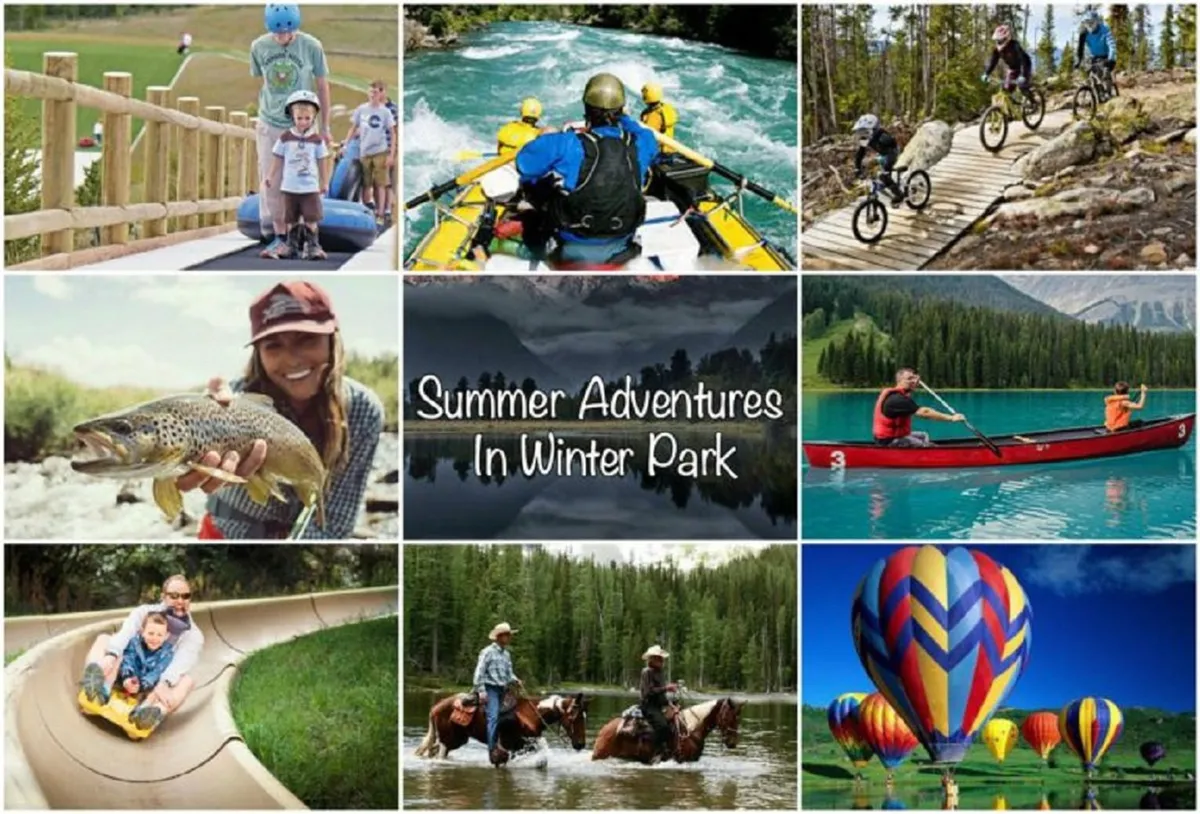 This dynamic image showcases children playing on slides, families rafting, couples horseback riding, and colorful hot air balloons, all set against a scenic outdoor backdrop. It highlights the diversity of recreational activities available nearby.