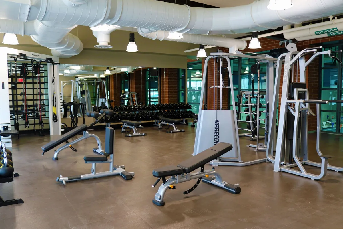 A state-of-the-art gym equipped with weightlifting benches, dumbbell racks, mirrored walls, and various exercise equipment. The space is bright, modern, and designed for both individual workouts and group fitness sessions.